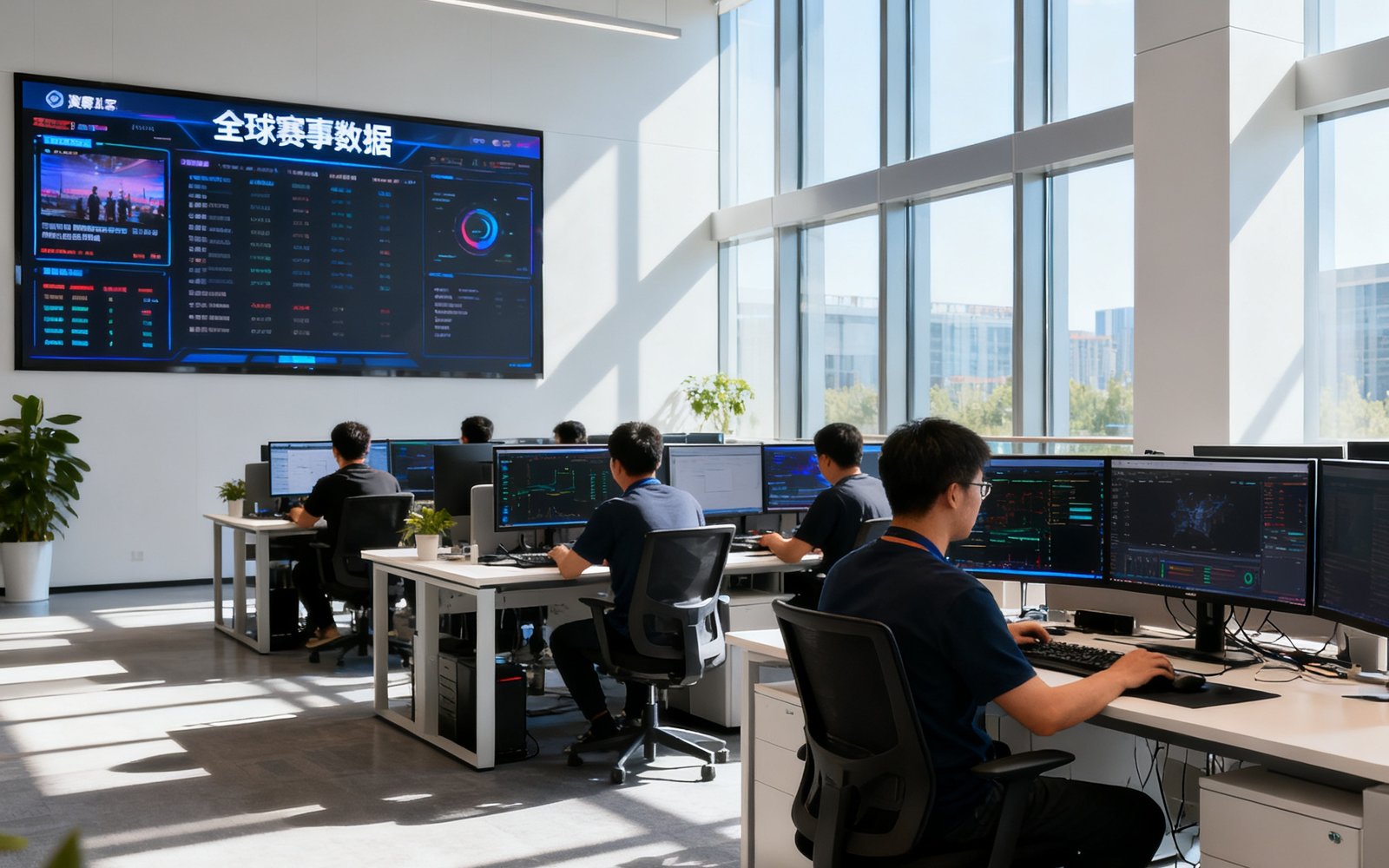 澳客北京总部开放式办公区，数十名工程师在多个显示屏前工作，墙上大屏幕实时滚动全球赛事数据，阳光透过落地窗照亮整个空间