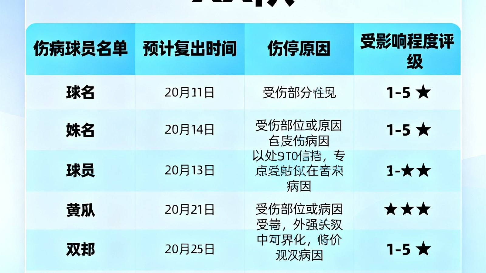 球队伤停追踪面板，以卡片形式展示各队伤病球员名单、预计复出时间、伤停原因和球队受影响程度评级