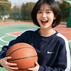 一位短发女性用户头像，穿着运动卫衣，背景是户外运动场，她是一名资深篮球迷